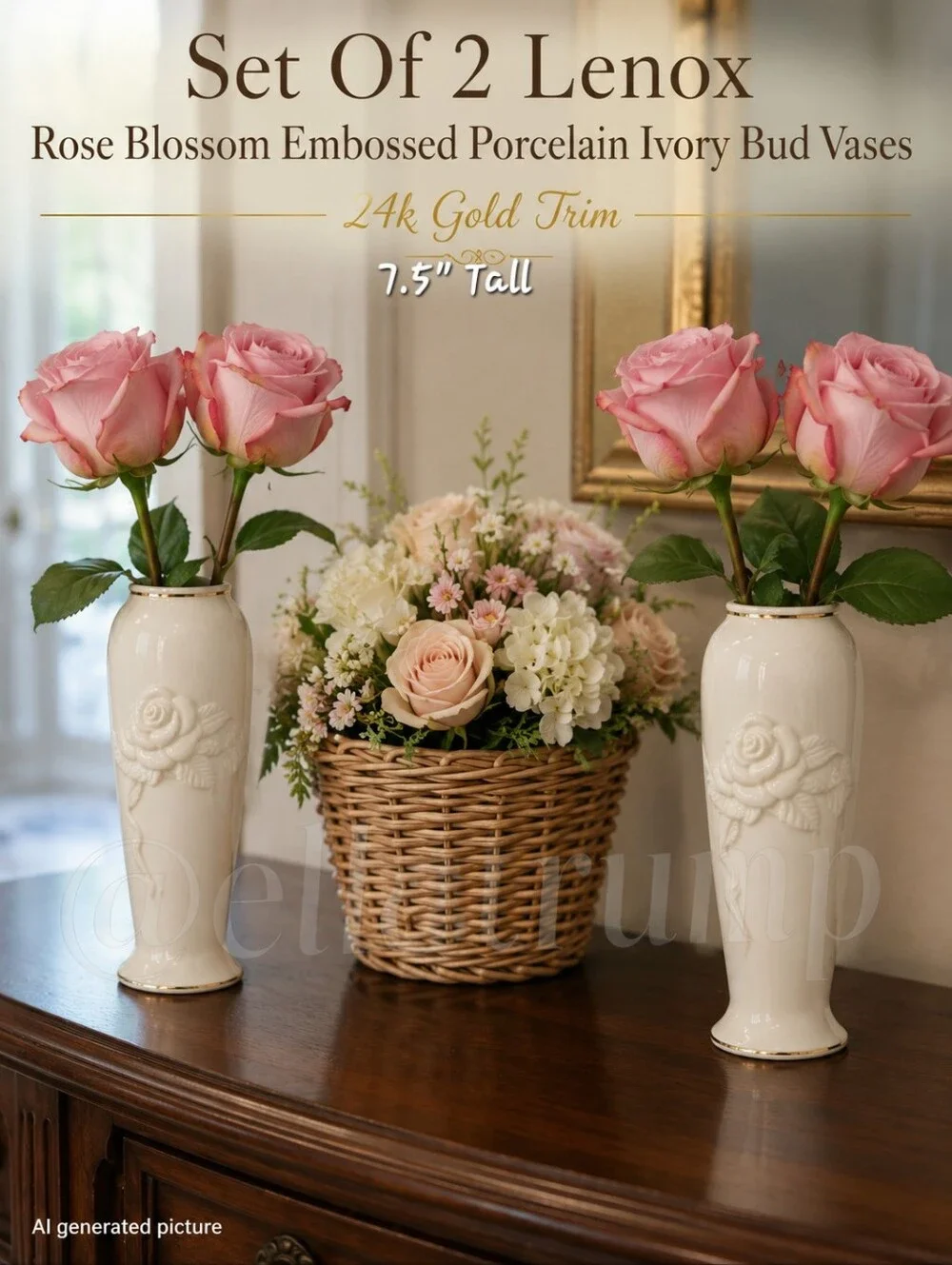 Set Of 2 Lenox Rose Blossom Embossed Bud Vase Porcelain 24k Gold Trim